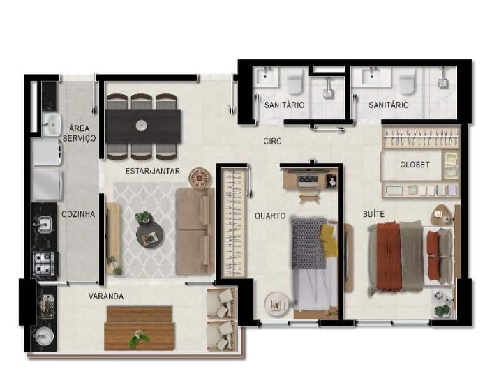 Planta 2 quartos com 1 suíte