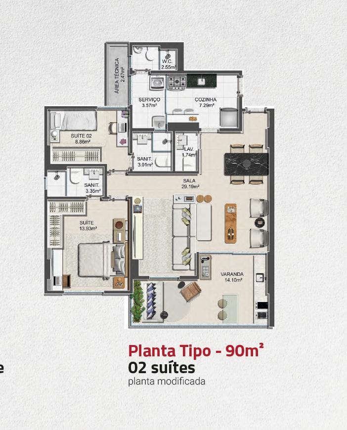 Planta 3 quartos com 2 suítes