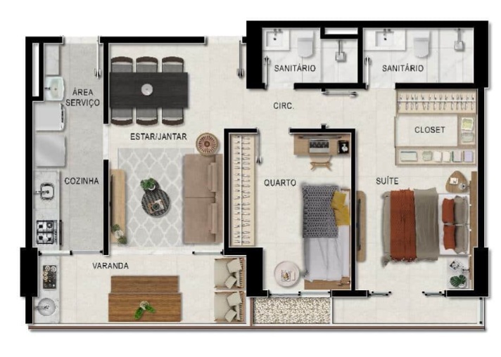 Planta 2 quartos com 1 suíte