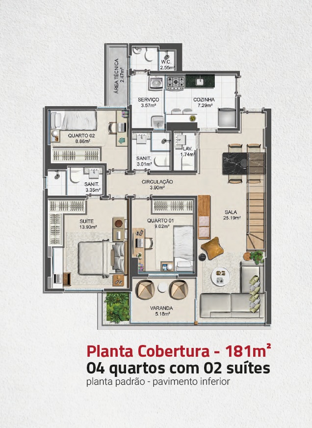 Planta 4 quartos com 2 suítes