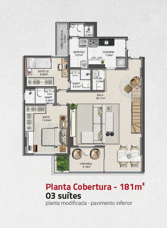 Planta 3 quartos com 3 suítes